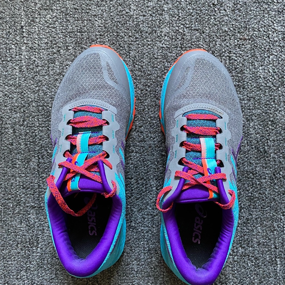 Sneakers; ASICS; Women’s size 8 1/2; Gray w/ blue sole and other colors